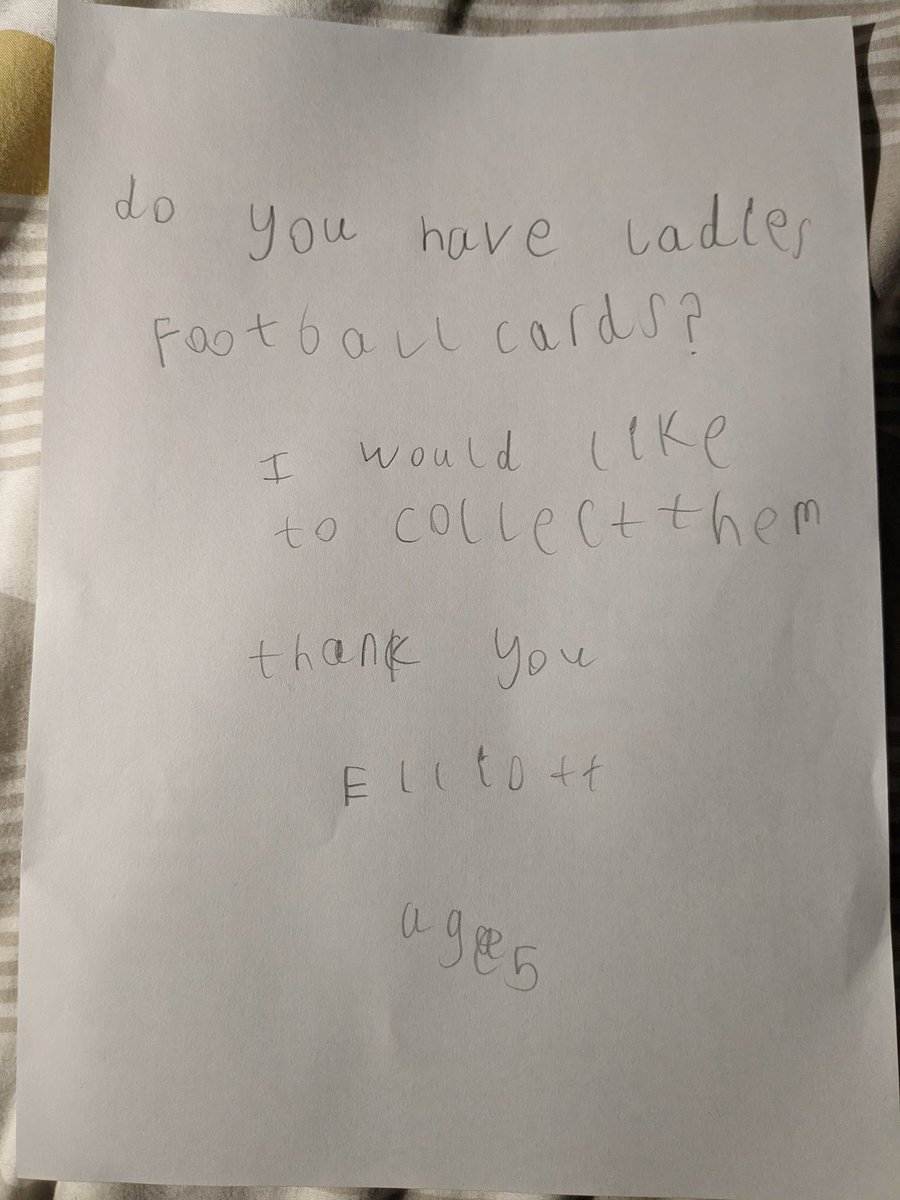Elliott wants to know why they don't do women's football cards or stickers for us to collect each season, so he's written a letter to <a href="/OfficialPanini/">Panini UK & Ireland</a> to ask. <a href="/inspire_pe/">Inspire PE</a> <a href="/MrsWhiteRec/">Mrs White</a> <a href="/Inspire_Ashton/">Inspire Academy</a>