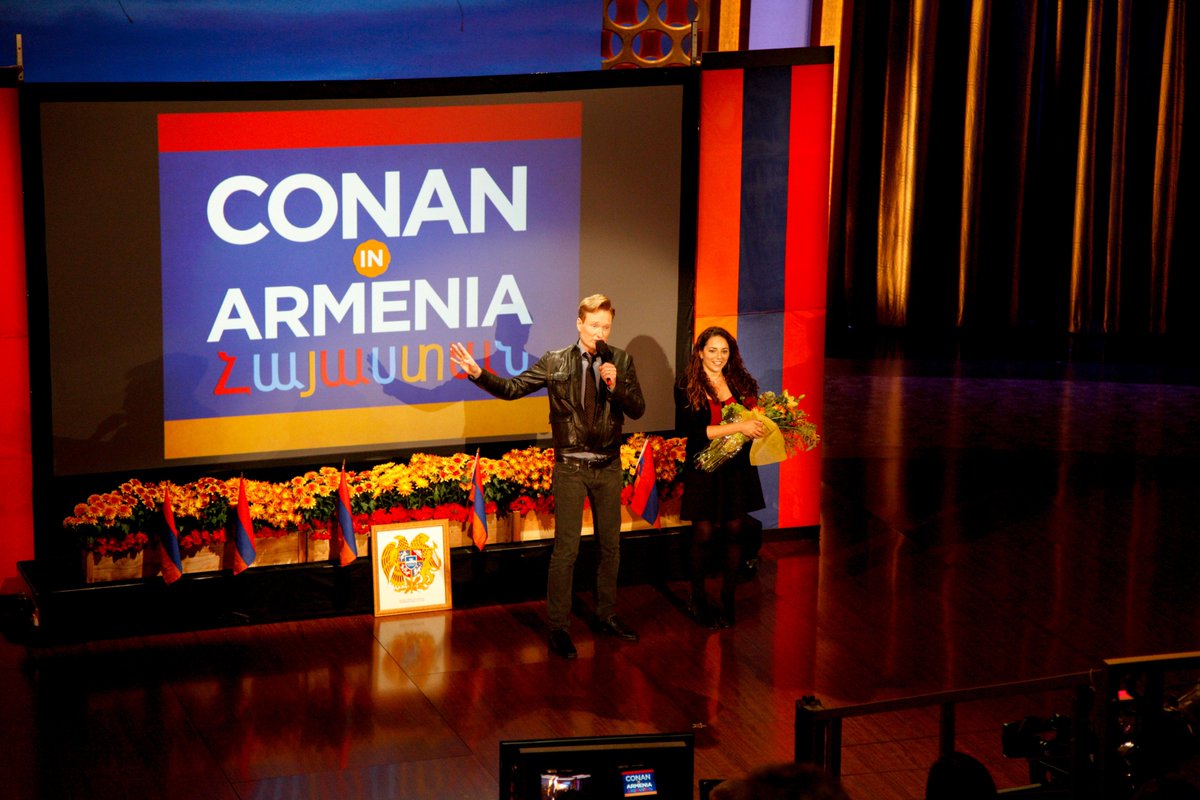 TeamCoco's tweet photo. We’re back with a new season of #INSIDECONAN! Mike and @jessiestwats are joined by Sona to discuss traveling to Armenia for #CONANWithoutBorders. The convo is also briefly hijacked by @joelmchale and @ConanOBrien himself. Listen: https://t.co/PpAG8P4azd https://t.co/rc28HzzYYZ