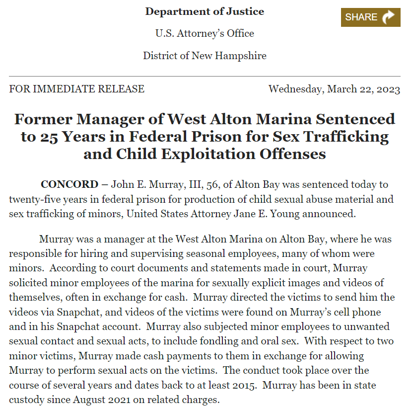 NHHTCTF's tweet photo. The former manager at the West Alton Marina on Alton Bay was sentenced today to 25 years in federal prison for producing child sexual abuse images and sex trafficking of minors. https://t.co/eefGuSTJ0v https://t.co/0ix4IkI27e