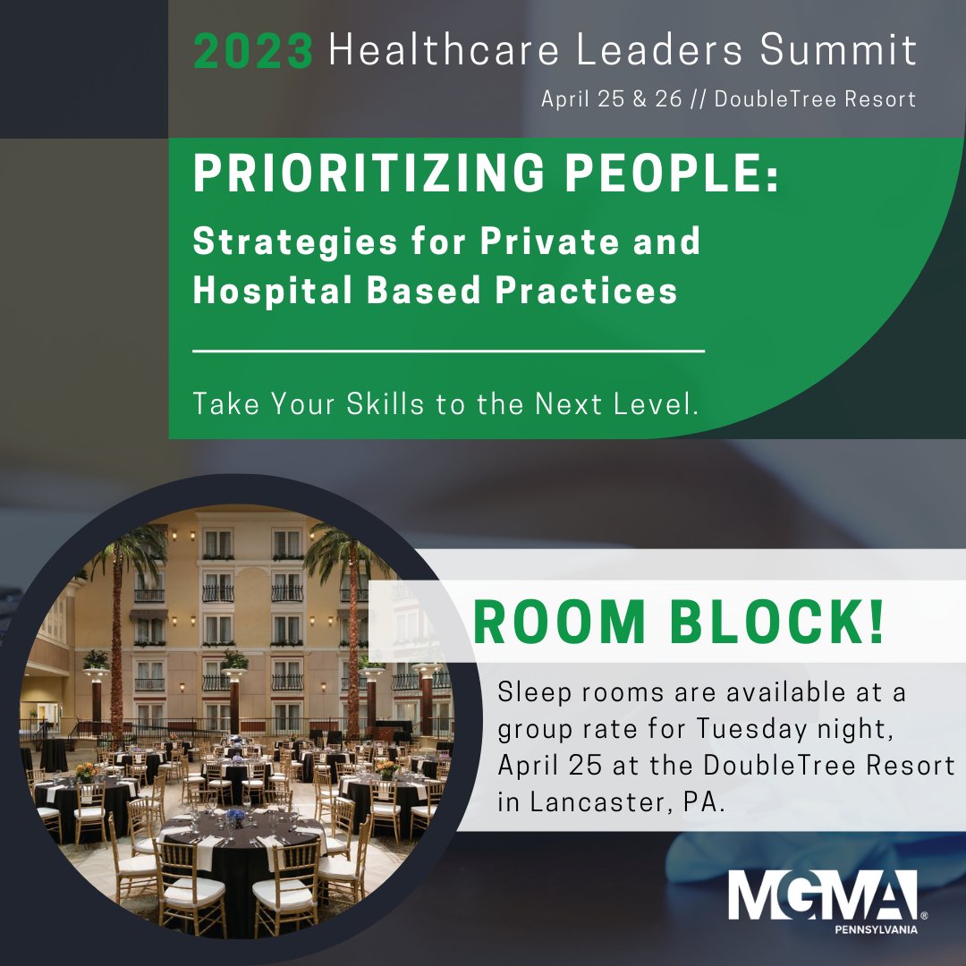 Book your room block at the PAMGMA group rate! Visit here to make a reservation: pennsylvaniamgma.com/event-5084159

Standard Rate through March 24th

Pennsylvania MGMA Member // $239
Non-Member // $299