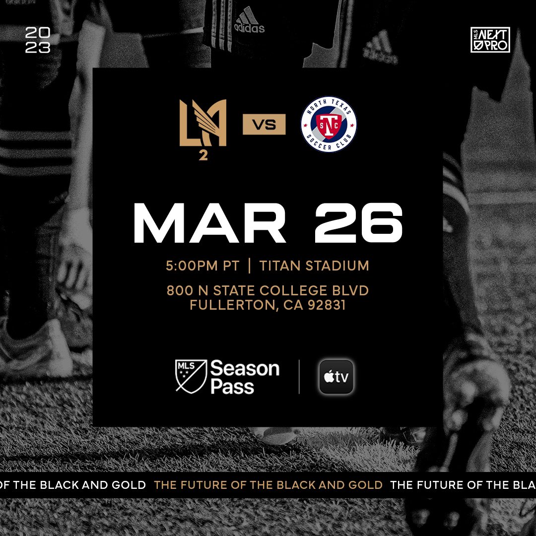 A path forward for the next generation of Black &amp; Gold.

Don't miss our inaugural match against @northtexassc this Sunday at Titan Stadium.

⏰ 5 PM
🎟️ lafc.me/3JFlzBE 
📍800 N State College Blvd
Fullerton, CA 92831