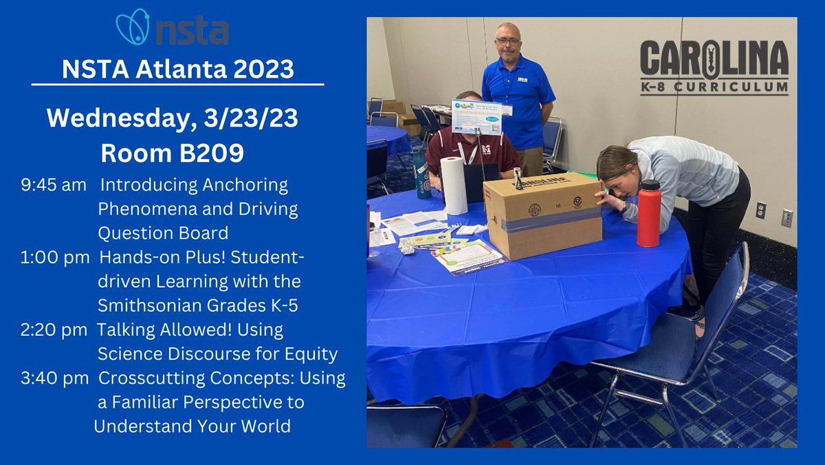 CarolinaBio's tweet photo. Meet us in Room B209 tomorrow for a full day of hands-on workshops. Dissect a flower, engage with a variety of phenomena, create a driving question board and more!

Learn more: https://t.co/3iQJgC8wfK

#DQB #science4allstudents #STEM #OpenSciEd #SSEC #SmithsonianScience #NSTA23 https://t.co/gkuVqVWHgv