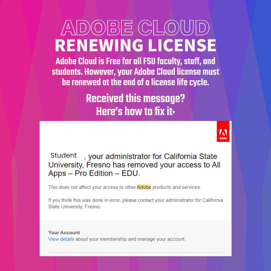 FresnoStateTech's tweet image. Adobe Cloud - Renewing an Enterprise License

Received this message? Here&apos;s a quick tutorial on how to renew your Adobe Cloud enterprise license. 
#fresnostatetech #adobecc
