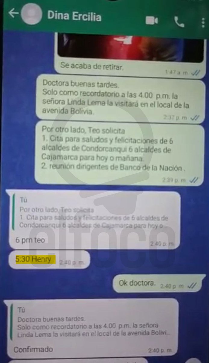 azambranox's tweet photo. #LOÚLTIMO Esta es una conversación de WhatsApp entre Dina Boluarte y su ex asistenta, Maritza Sánchez del 30 de junio del 2021. El chat desmiente la versión de la mandataria sobre su vínculo con Henry Shimabukuro. Boluarte dice que nunca se reunieron (1/3). Vía @elfoco_pe https://t.co/aiUnqqb5kV