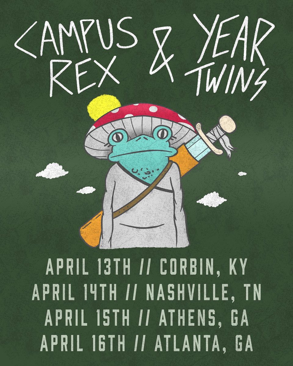 yeartwins's tweet photo. YEAR TWINS X CAMPUS REX SPRING TOUR 2023!!

April 13th Corbin, KY @ White Rabbit Records

April 14th Murfreesboro, TN @ The Witch Hole

April 15th Athens, GA @ Buvez 

April 16th Atlanta, GA @ Grant Central Pizza East

HOPE TO SEE YA’LL OUT THERE! https://t.co/7CZeTYTm2c