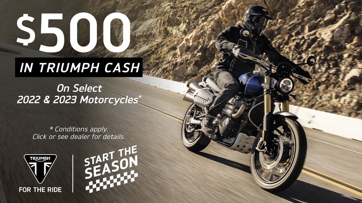 JPC_Campus's tweet photo. Kick spring into high gear and receive $500 in Triumph Cash with the purchase on select 2022 &amp; 2023 Triumph Motorcycles! 

Stop in and discover more today: https://t.co/widi16CE3H

#OfficialTriumph #triumph #motorcycle #ForTheRide https://t.co/ZFm0IUsTov