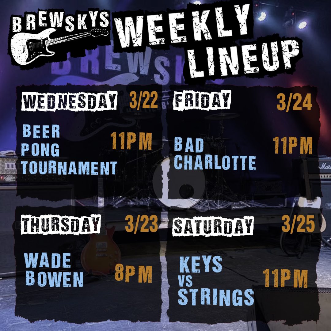 BrewskysHatti's tweet photo. Huge week at Brews!!
—Wednesday-Wing Wednesday &amp; Pitcher Night!
—Thursday @8- Wade Bowen w/Jacob Stelly
—Thursday @11:30- DJ Re-Quest
—Friday @11- Bad Charlotte 
—Saturday @11- Keys Vs Strings
Like our Instagram post and tag a friend for a chance at Free Cover for the week! https://t.co/z1wuZPpPHG