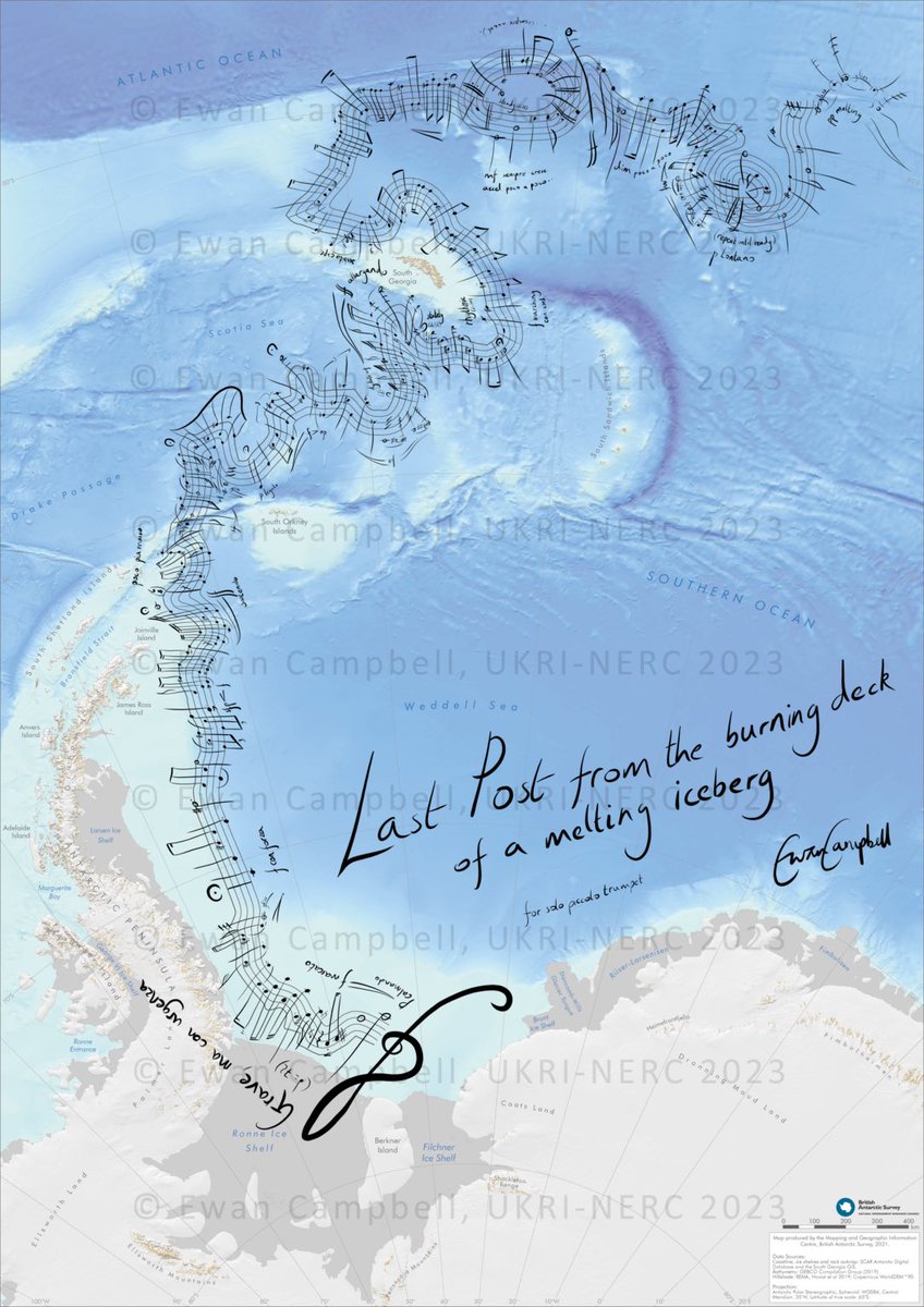 laura_gerrish's tweet photo. Excited to share this project that I worked on with Cambridge composer @ewan_a_campbell, who wrote a haunting piece of music onto a map tracing the path of iceberg A22 from the Filchner Ice Shelf to the South Atlantic 🎶❄️ Full details in this blog: https://t.co/SWNHHv8BLG https://t.co/lV4Y3HtrtC