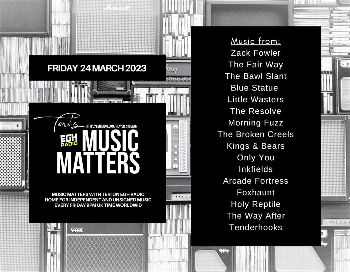Teri's MusicMatters (@musicmatters_t) on Twitter photo Friday 9pmGMT #TuneIn <a href="/EGHRadio/">EGH Radio</a>
#MusicMatters airing worldwide
🎧station.voscast.com/52b23f79d834e/
Listen to the great new music from
<a href="/kings_bears/">👑 Kings & Bears 🐻</a> #OnlyYou <a href="/inkfields/">𝕀𝕟𝕜𝕗𝕚𝕖𝕝𝕕𝕤</a> <a href="/ArcadeFortress/">Arcade Fortress</a> <a href="/foxhauntband/">FOXHAUNT</a> <a href="/holyreptileband/">Holy Reptile</a> <a href="/thewayafter/">The Way After</a> <a href="/tenderhooks4u/">Tenderhooks</a>
#NewMusicAlert
Info: facebook.com/MusicMattersWi… Friday 9pmGMT #TuneIn <a href="/EGHRadio/">EGH Radio</a>
#MusicMatters airing worldwide
🎧station.voscast.com/52b23f79d834e/
Listen to the great new music from
<a href="/kings_bears/">👑 Kings & Bears 🐻</a> #OnlyYou <a href="/inkfields/">𝕀𝕟𝕜𝕗𝕚𝕖𝕝𝕕𝕤</a> <a href="/ArcadeFortress/">Arcade Fortress</a> <a href="/foxhauntband/">FOXHAUNT</a> <a href="/holyreptileband/">Holy Reptile</a> <a href="/thewayafter/">The Way After</a> <a href="/tenderhooks4u/">Tenderhooks</a>
#NewMusicAlert
Info: facebook.com/MusicMattersWi…