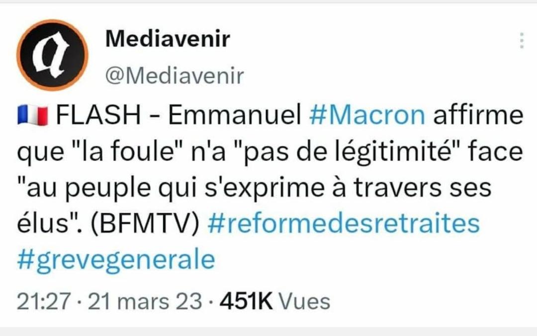 #Macron et son gouvernement doivent être arrêtés par nos #ForcesMilitaires puisqu'ils bafouent constitution, Vème République, #liberté et #democratie.
#PrisonpourMacron #Macron13h #MacronDestitution #dictaturemacron #DICTATURE #propagande #MacronDictateur #ViolencesPolicieres