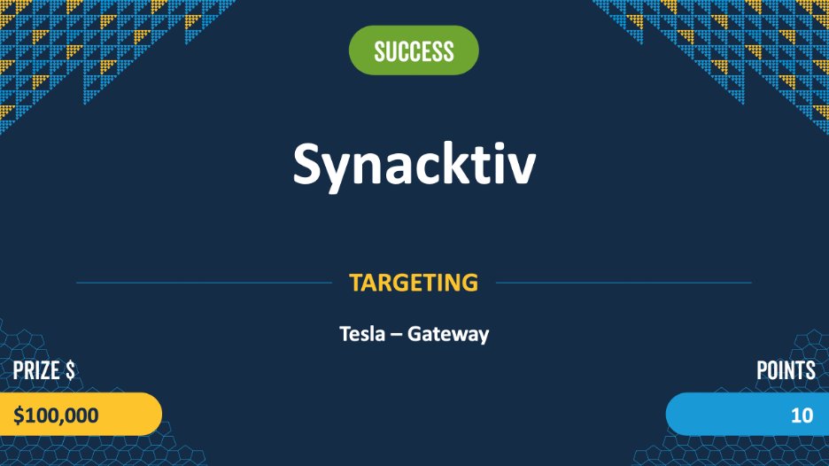 CONFIRMED! <a href="/Synacktiv/">Synacktiv</a> successfully executed a TOCTOU exploit against Tesla – Gateway. They earn $100,000 as well as 10 Master of Pwn points and this Tesla Model 3. #Pwn2Own #P2OVancouver