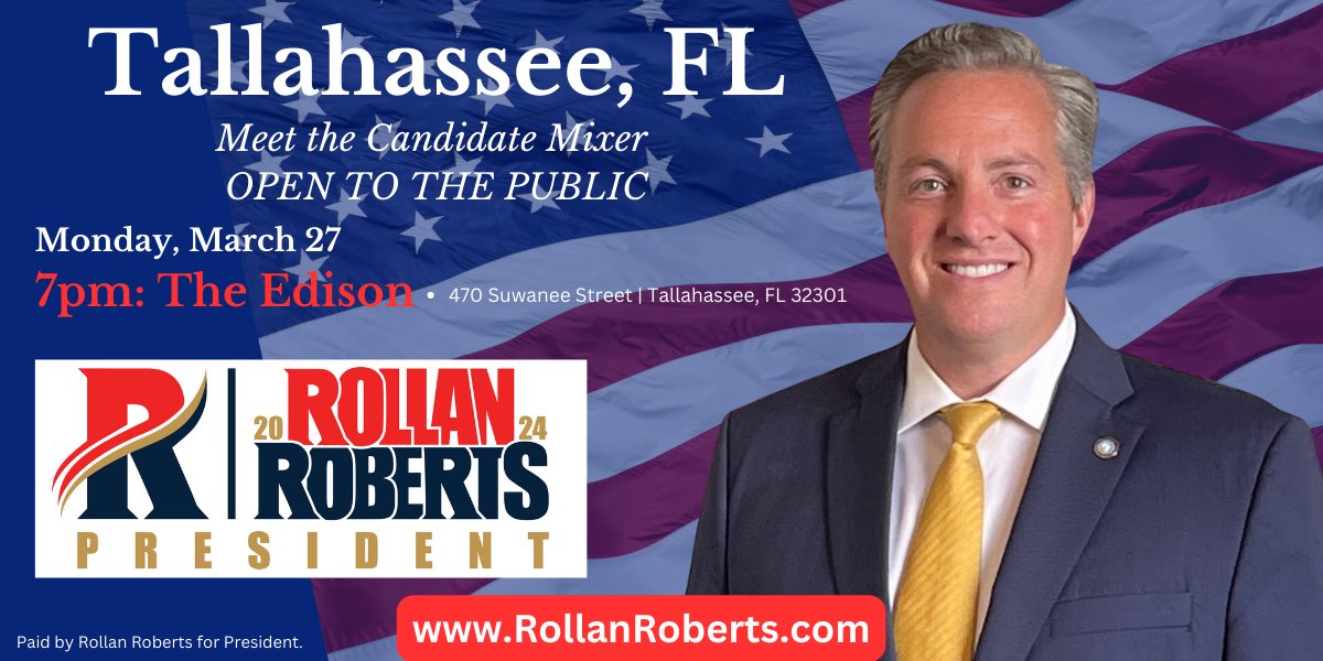 RollanRoberts's tweet photo. TALLAHASSEE: This Monday at 7pm, meet #POTUS candidate Rollan &amp; Rebecca Roberts at The Edison! We hear he’s the ONLY PRESIDENTIAL CANDIDATE IN TALLAHASSEE!!! @GOP @FloridaGOP https://t.co/71MpcGoiuD