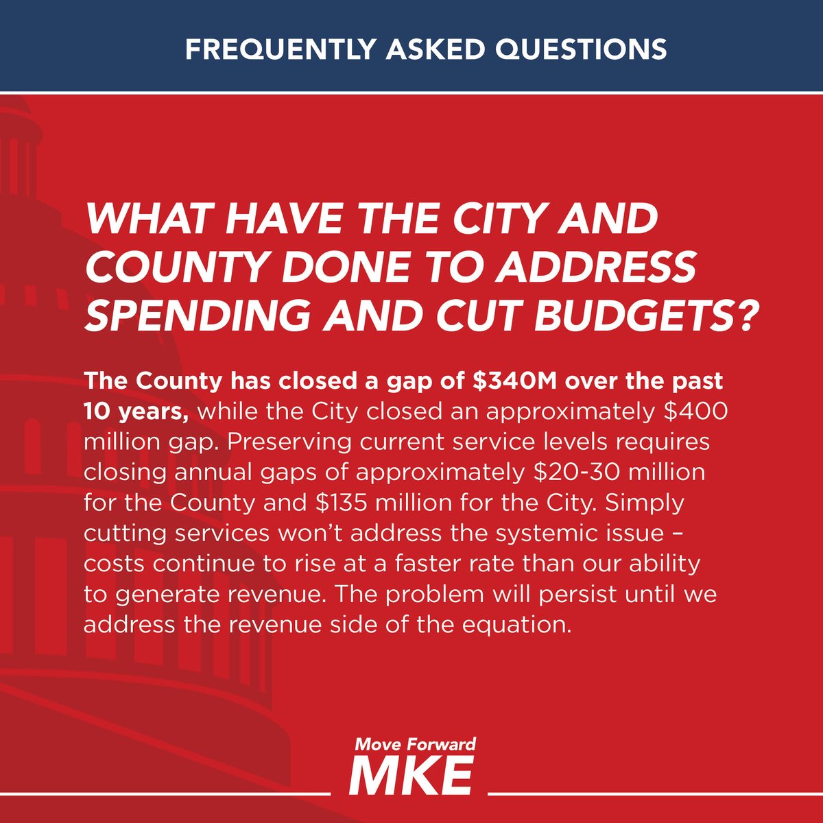 MoveForward_MKE's tweet photo. The County closed a gap of $340M over the past 10 years, and the City has closed an approximately $400M gap. Cutting services isn't enough. https://t.co/ETBmmWEUgQ