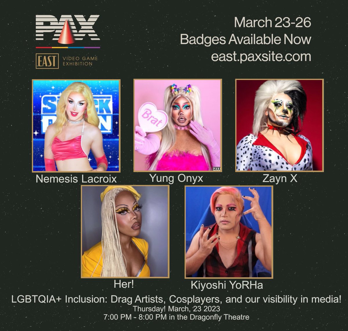 nemesislacroix's tweet photo. Tomorrow’s the day! PAX East kicks off and i’ll be hosting a drag filled panel 💄 i’ll also be on a panel Friday afternoon with other queer content creators.
#PaxEast #Pax #Boston #Convention #StreamQueens https://t.co/m9UV1hR6it