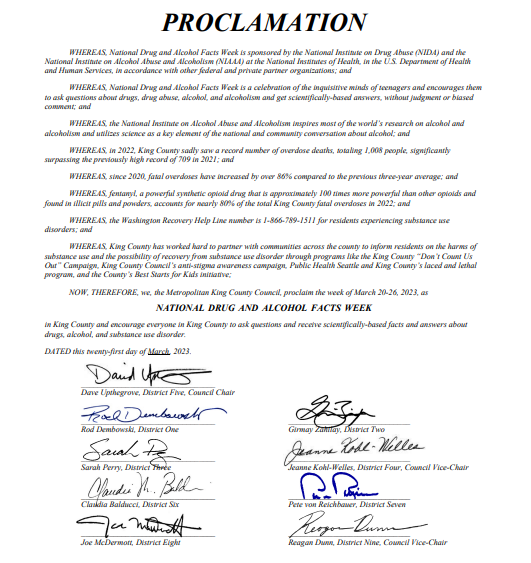 Yesterday, I was joined by @KCCKohlWelles and all my colleagues on the @KCCouncil in proclaiming this week as National Drug and Alcohol Facts Week in #KingCounty. Together, we can raise awareness and encourage more conversations about substance use disorders among teens. #NDAFW