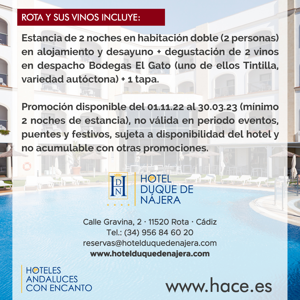 hotelesHACE's tweet photo. 🎁🍷 Si eres amante de los buenos vinos, esta promoción de nuestros hoteles de Rota es para ti. ¡Consúltanos sin compromiso!
#enoturismo #vinos #tintilla #tintilladerota #promocion #oferta #escapada #escapadas #escapadasquemolan #rota #quehacerenrota #queverenrota https://t.co/xn7EgkdEQG