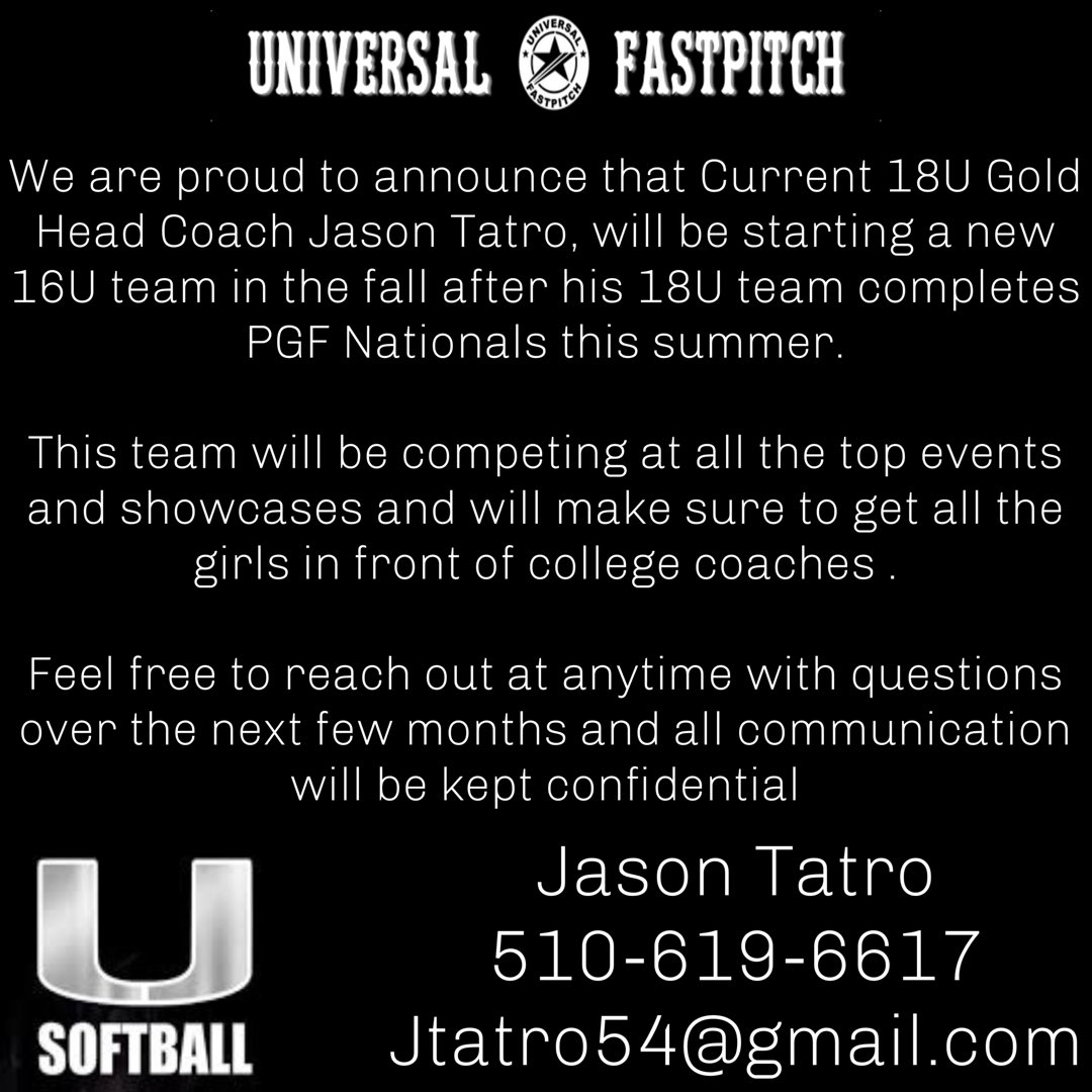 ufp_theu's tweet photo. Contact Coach Tatro 
Jtatro54@gmail.com
(510) 619-6617 🙌🏼
#universalfastpitch https://t.co/ROgqwcMIjo