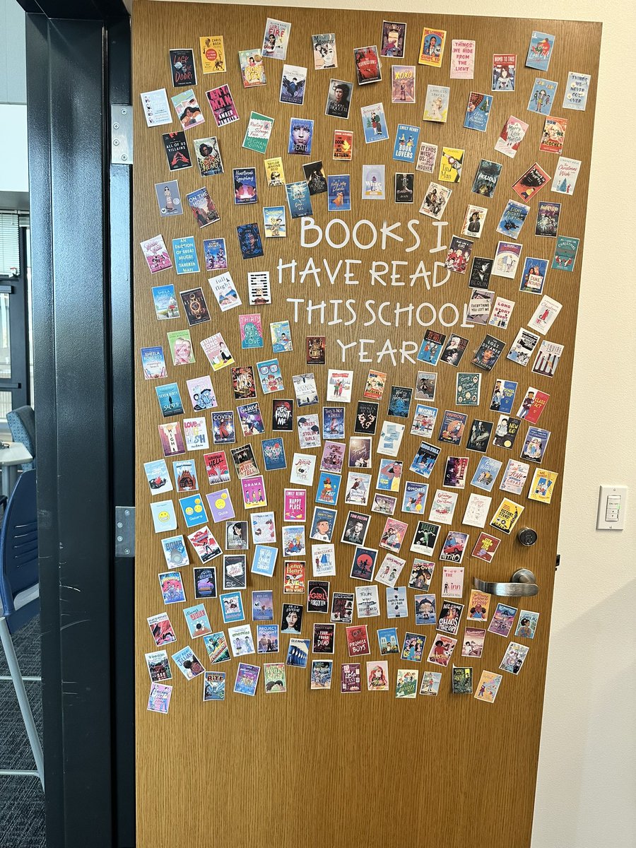 Door display update. I’m about to run out of room…lol Ss love this, seeing what I read through out the school year. MG and YA reads shared & book talked as they view my progress. Great way to make connections! #library #librarytwitter #librarydisplay #bookrecommendations