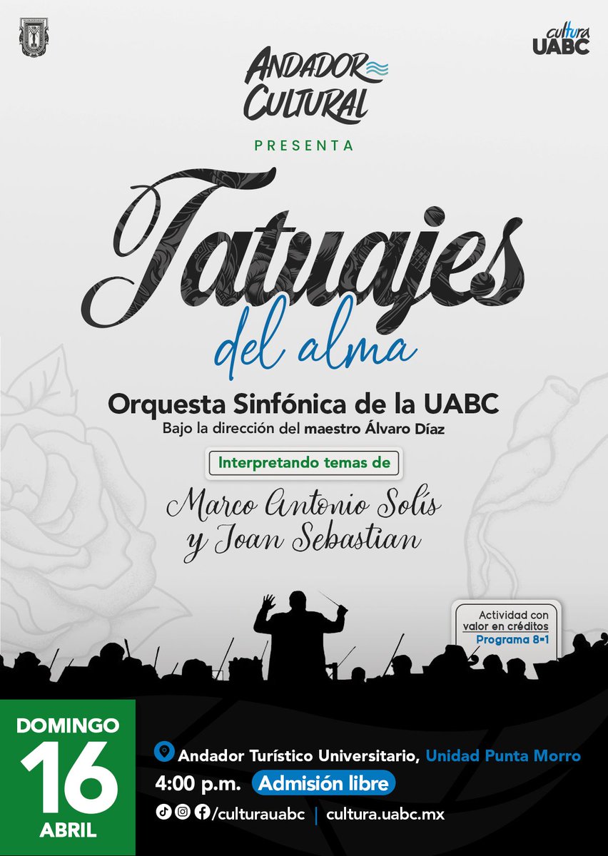 UabcEnsenada's tweet photo. Los invitamos a nuestro próximo ANDADOR CULTURAL, presentando “TATUAJES DEL ALMA” con la Orquesta Sinfónica de la UABC, interpretando temas de Marco Antonio Solís y Joan Sebastian, el  domingo 16 de abril a las 16:00 horas en el Andador Turístico Universitario. ¡Los esperamos! https://t.co/ByMrfAJyGR