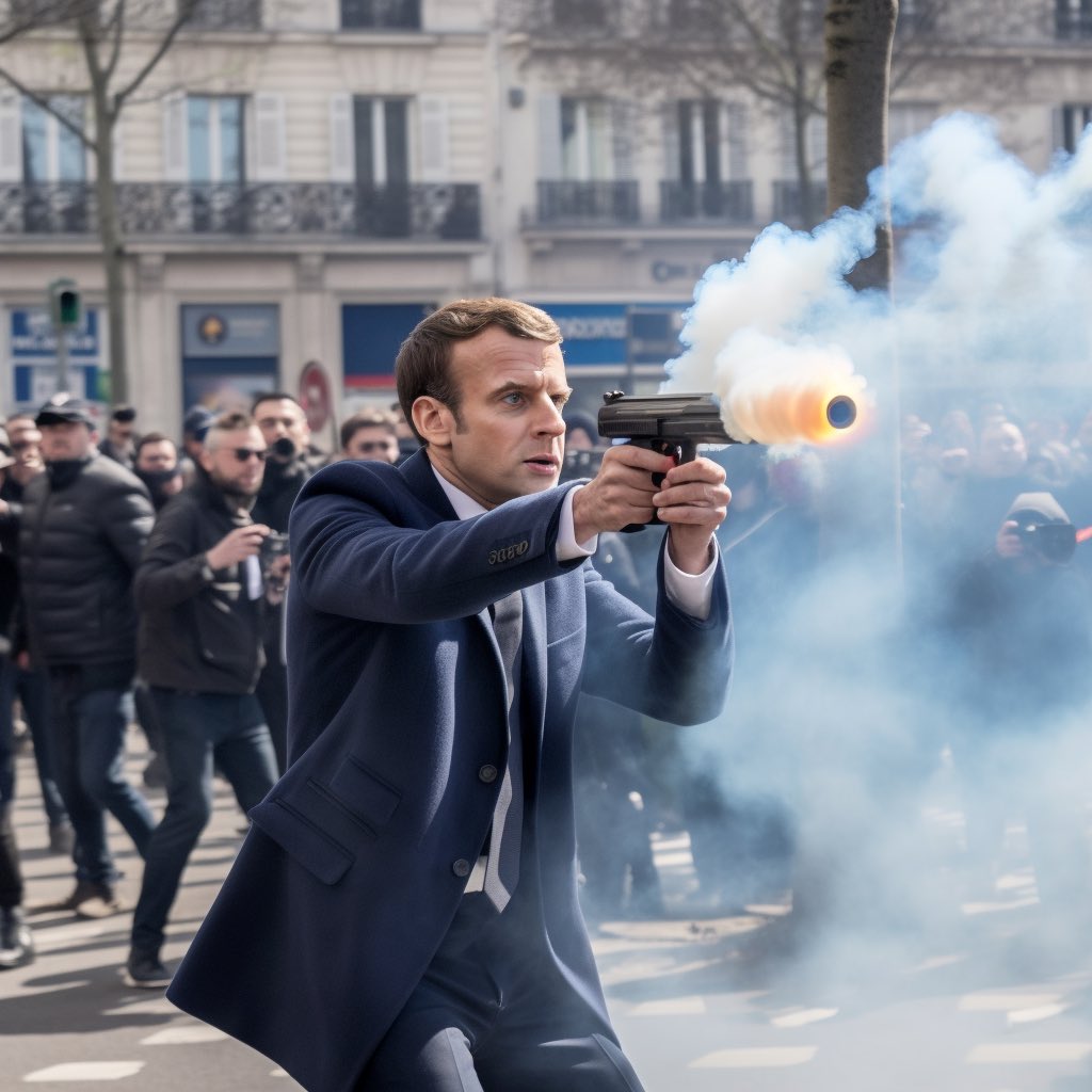 BTheo06's tweet photo. Emmanuel Macron aperçu entrain de tirer au flash ball sur des manifestants sans défense 😱 c’est du n’importe quoi…quoicoubeh… https://t.co/VKkIVTxo0E