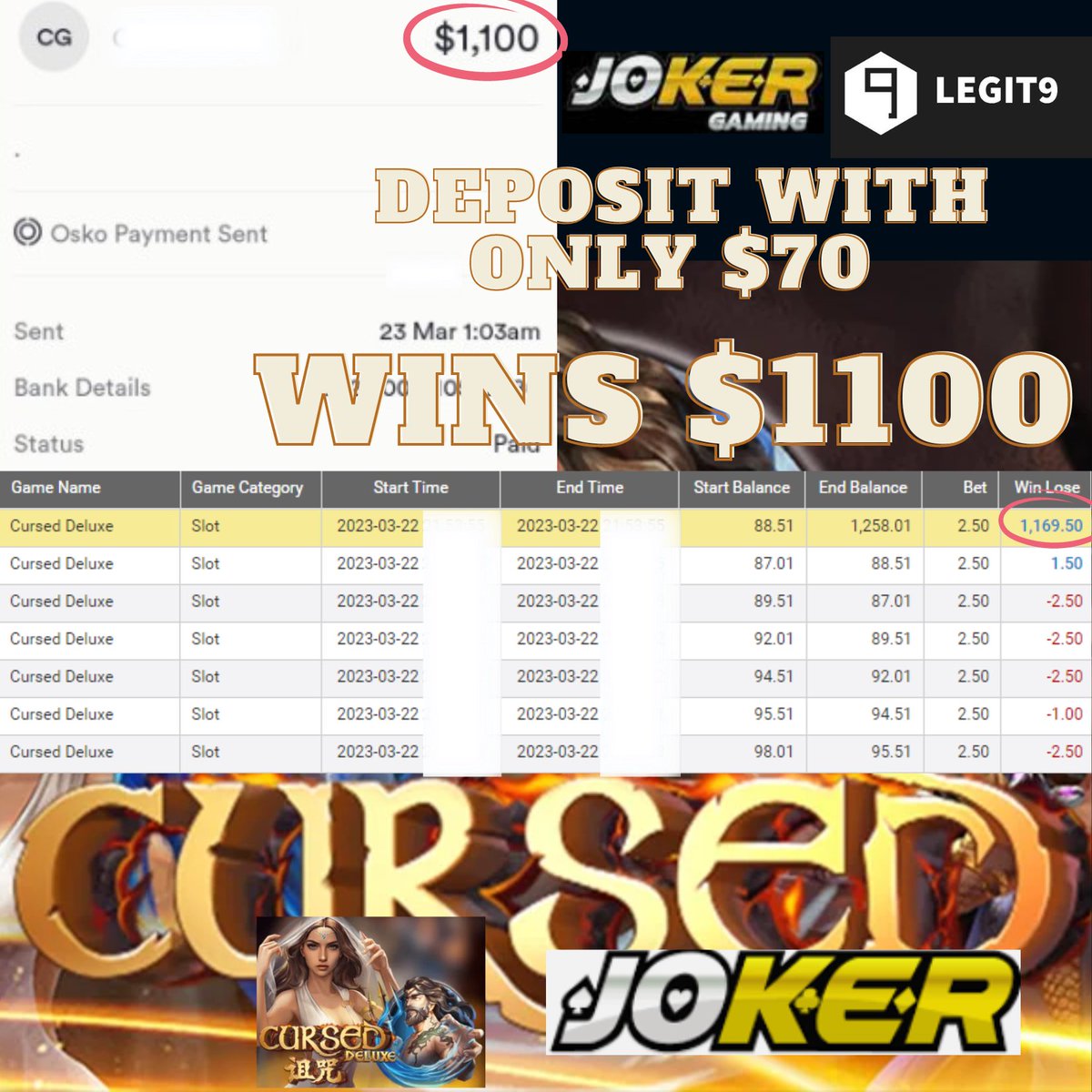 Legit9Aus's tweet photo. 👑LEGIT9👑
👑BIGWIN IN JOKER123👑

Congratulations to our Lucky Member Get A Big Win 🏆 
DEPOSIT JUST $70 TO Get Withdrawal $1100  ‼️💰🔥💰🔥

Platform : 🔥 JOKER123🔥
Game : 🌻 CURSED DELUXE🌻
Win Rate : 69.56%
🤑🤑🤑🤑

https://t.co/viVUXv25mw https://t.co/RYifcpqjAY
