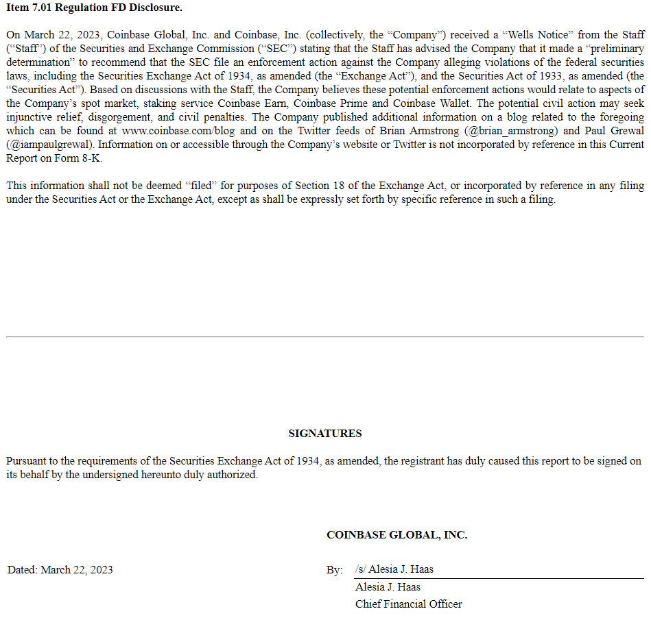 BTC超速報：米コインベースは米証券取引委員会（SEC）から訴訟警告の”ウェルス・ノーティス”を3月22日に受け取ったと開示。証券取引法違反で仮想通貨売買、ステーキングサービス、機関投資家サービス及びウォレットに関するものだと考えられるという  #ビットコイン #仮想 ...