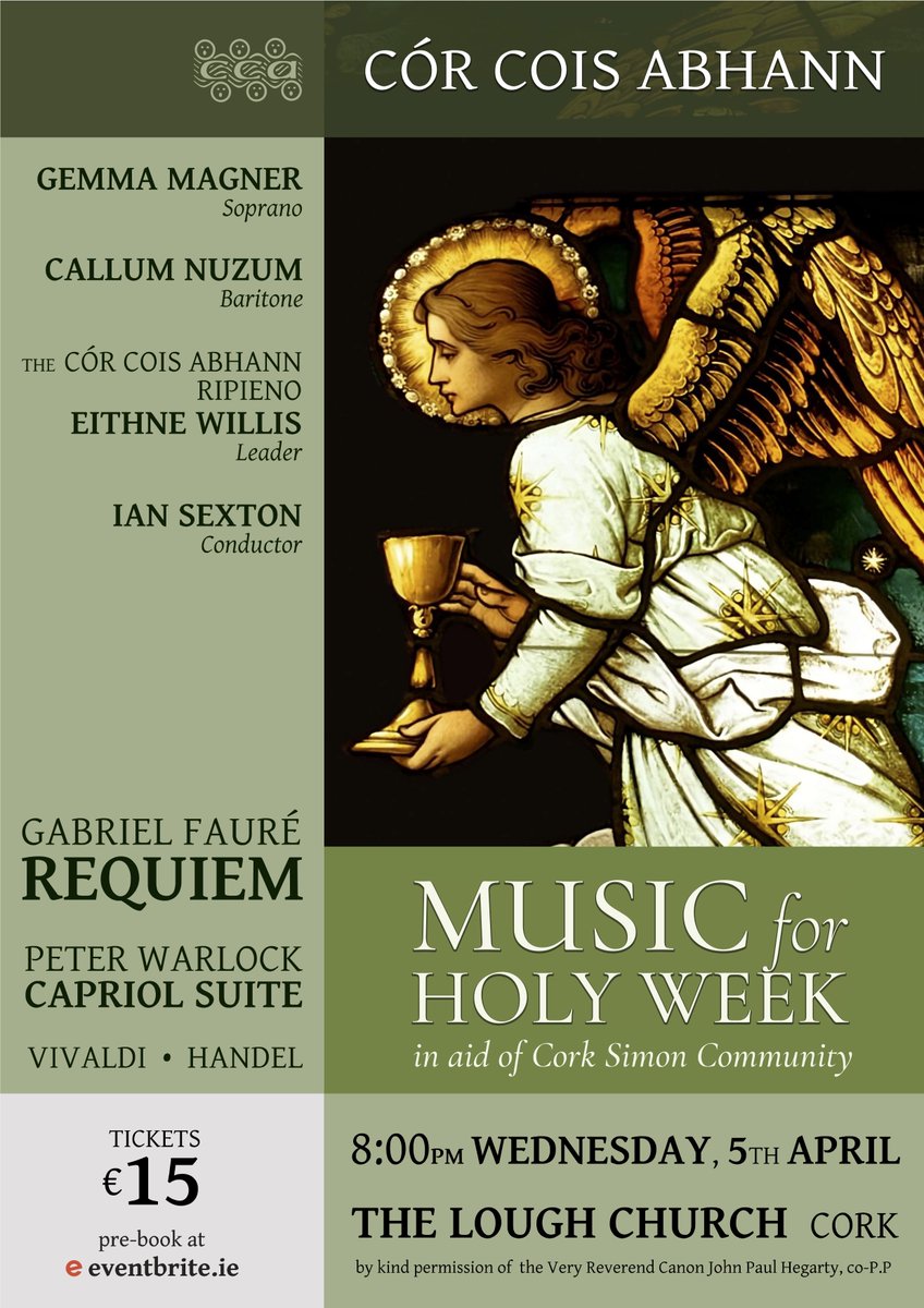 Cór Cois Abhann are thrilled to be performing with @gemmamagner, Callum Nuzum &amp; an orchestra led by Eithne Willis at The Lough Church next month...in aid of <a href="/Cork_Simon/">Cork Simon Community</a>

Tickets at the door and online

#choir #Easter #classicalmusic #Church #Cork #livemusic #concert