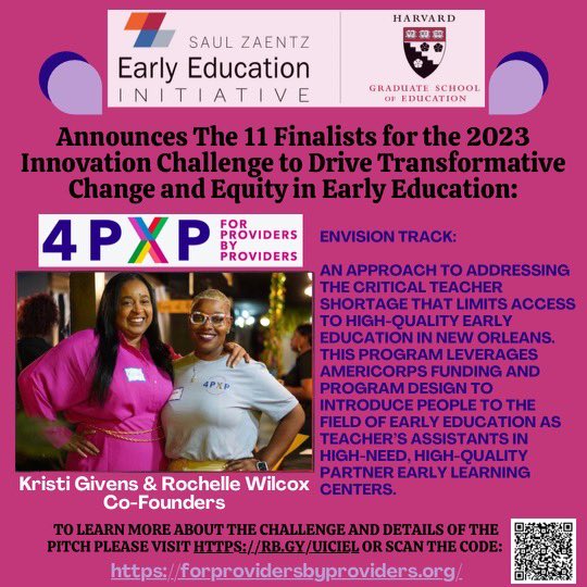 We are excited to announce that @4PXP_  are finalists in the 2023 Zaentz Early Education Innovation Challenge. We can’t wait to pitch our solve for the ECE teacher crisis at Harvard in April! We going to Harvard y’all #IC2023 x.com/zaentzharvarded