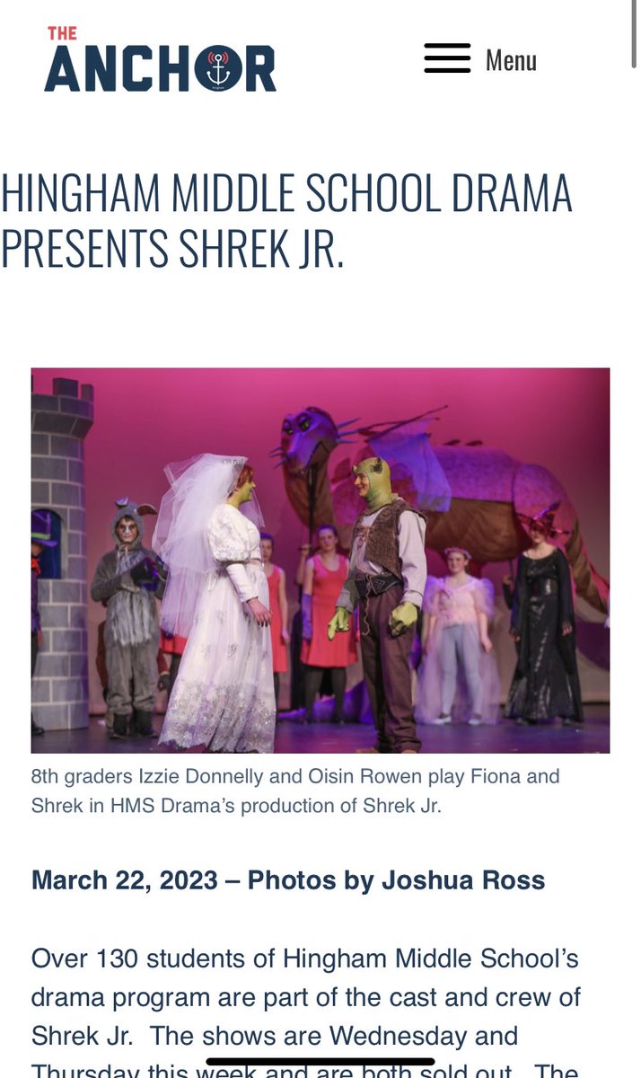 HMS’s Shrek is sold out both nights!  Catch a sneak peak of tonight’s performance via some gorgeous stills at the Hingham Anchor hinghamanchor.com/hingham-middle…. <a href="/AnchorHingham/">Hingham Anchor</a> <a href="/MAdamsSupt/">Dr. Margaret Adams</a> <a href="/HinghamSchools/">Hingham Public Schools</a>