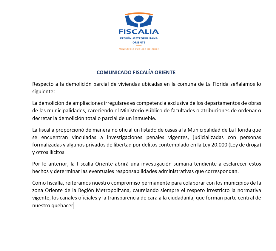 fiscaliaoriente's tweet photo. 🟠COMUNICADO: Respecto a la demolición parcial de viviendas ubicadas en la comuna de La Florida señalamos lo siguiente https://t.co/NwLT2varii