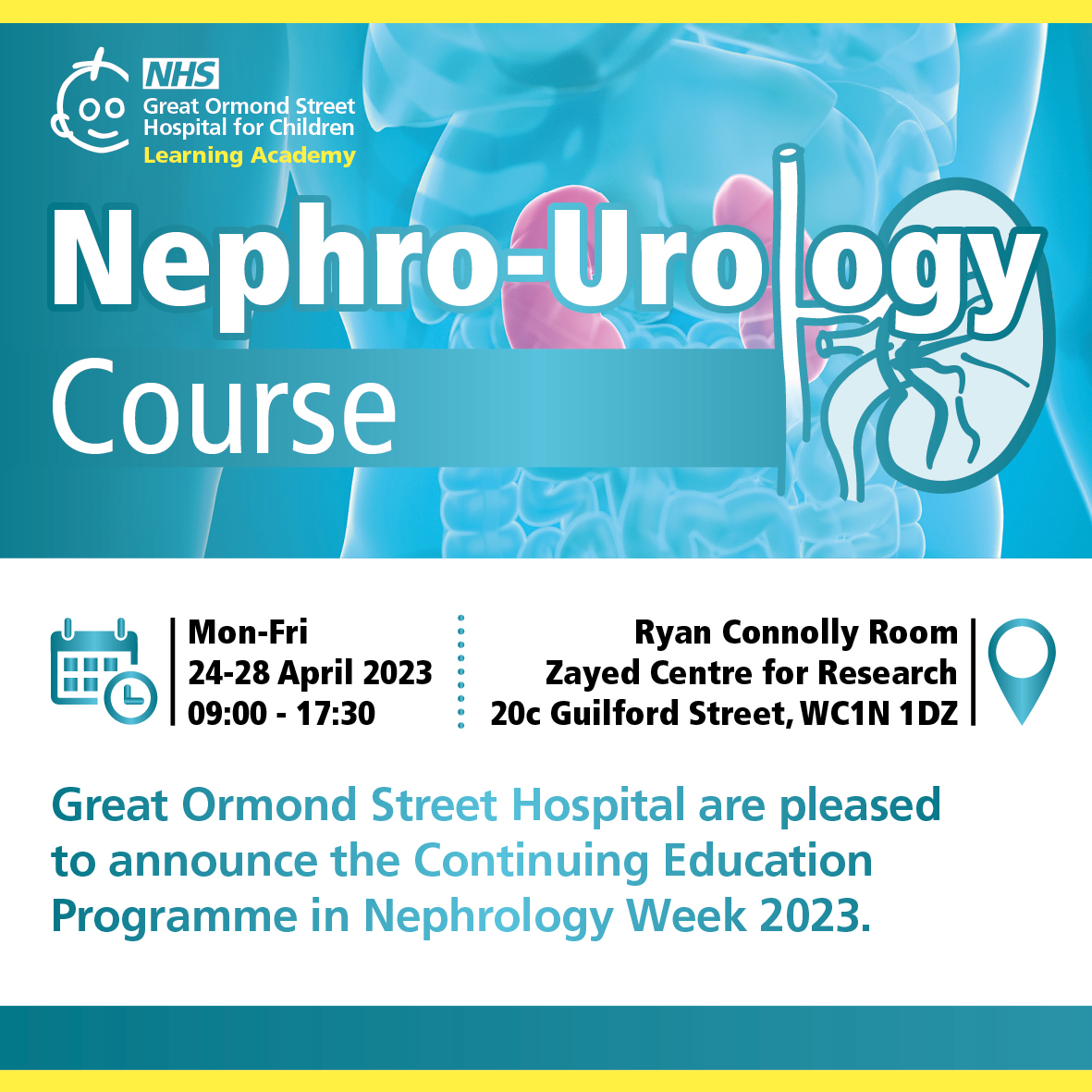 GOSHLearnAcad's tweet photo. Calling all Paediatricians with an interest in Nephrology!

This 5-day, Nephro-Urology Course will consist of hybrid lectures with additional face to face workshops around nephro related diseases, syndromes and more.

https://t.co/KWoOPldbix 

#nephrology #renal #paeds #MedEd https://t.co/KrczMizZmC