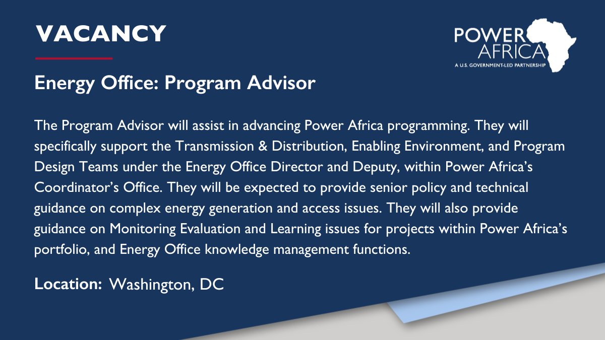 PowerAfricaUS's tweet photo. 📢 VACANCY: We're hiring!

#PowerAfrica is looking for a #ProgramAdvisor to support technical staff and to perform admin &amp; analytical tasks in our Energy Office.

❗️ APPLY NOW: https://t.co/L63D4JCpxe

💡 About Power Africa: https://t.co/COgr4KH5E2

#EnergyCareer #Washington https://t.co/asAMob8EB9