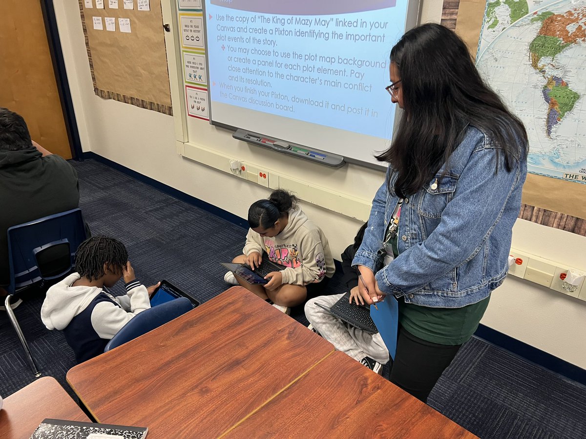 MsPadillasWorld's tweet photo. It’s always a good day when we get a visit from @StaceyBurchHEB and  #Innovate @hebisd 😄 Students showed their knowledge of plot elements by creating a @Pixton plot diagram over the text we read this week! #ParrotPride #6thgrade #ELA #STEM #CSforAll @HEBISDpeople @LieslJames https://t.co/6fUcHs1DVi