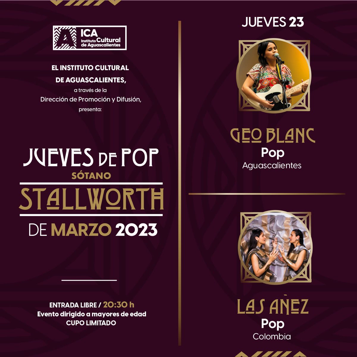 GobAgs's tweet photo. El Instituto Cultural de Aguascalientes te invita a disfrutar de un jueves de pop en el Sótano Stallworth. Se presentarán las colombianas Las Áñez (Juanita y Valentina Añez Rothmann).
20:30 horas, entrada libre
Patio Posada en Galeana, esquina con Nieto, Zona Centro.
#ViveICA https://t.co/AC7PG19mZL
