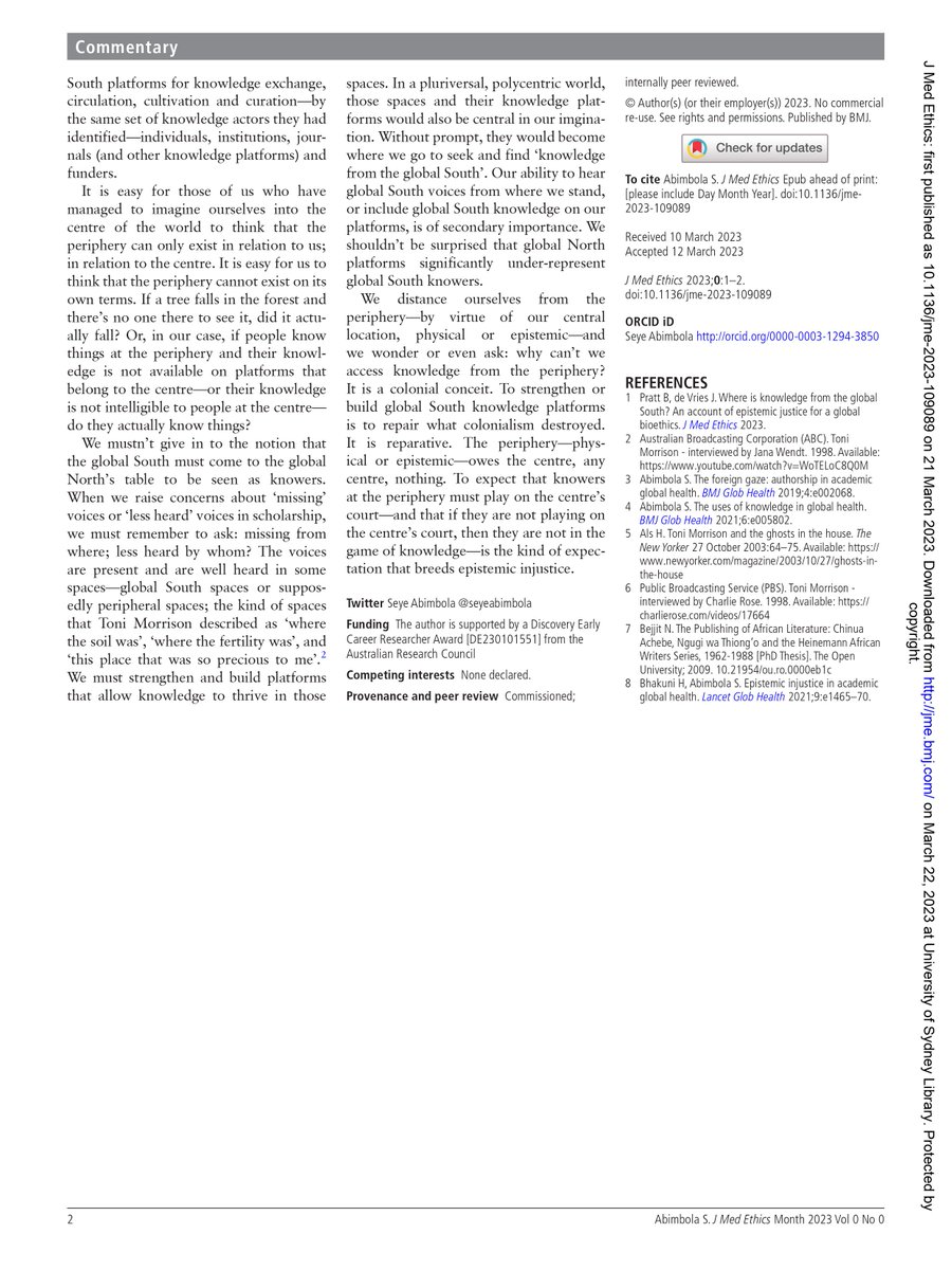 I wrote a short response to a timely article in <a href="/JME_BMJ/">J. of Medical Ethics</a> on epistemic justice in bioethics—"Where is knowledge from the global South?"

My response, inspired by the words of Toni Morrison, is titled—"Knowledge from the global South is in the global South" jme.bmj.com/content/early/…