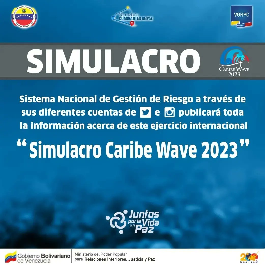 bomberos_aragua's tweet photo. #SNGR invita a mantenerte atento al desarrollo de las actividades a realizarse por el Ejercicio Internacional #CaribeWave2023, este jueves #23Mar. Toda información de interés en las redes oficiales del SNGR.
#TrabajoYCompromiso
#CeroToleranciaALaCorrupción https://t.co/T0Hs4QLFJU