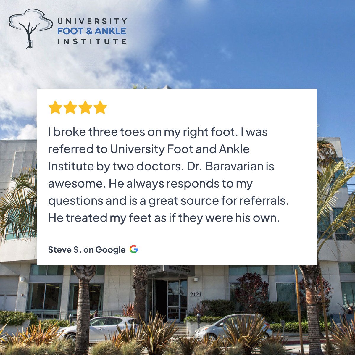 Thank you for the kind words and for sharing your experience, Steve!

#weloveourpatients #patienttestimonials #UFAI #footandanklespecialists #podiatrist #DrBob #SantaMonica #LosAngeles