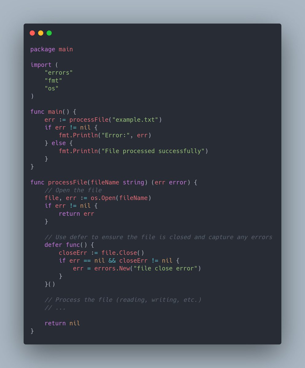 McBride1105's tweet photo. 💡 #GoLang Tip: Using named return values with defer allows you to capture and modify them before the function exits, providing a versatile way to handle errors. What are your favorite tips for keeping your GoLang code clean and flexible? 🤔👇 #DeferMagic #GoTips #CleanCode https://t.co/NuErpv3tqK