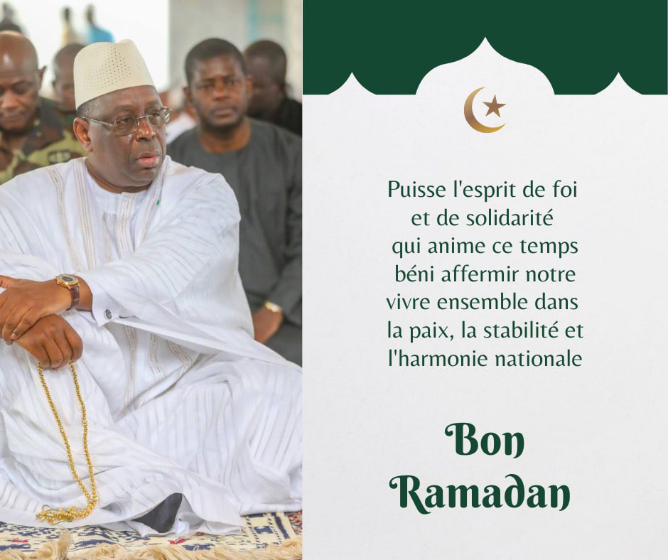 Macky_Sall's tweet photo. J'adresse mes sincères félicitations ainsi que mes meilleurs vœux à la communauté musulmane de notre pays et à toute la Oummah islamique en ce mois béni, de pardon, d'harmonie et de partage.

Koorú jamm ! 🌙🕌
#Ramadan2023 https://t.co/d3pVYjJfEY