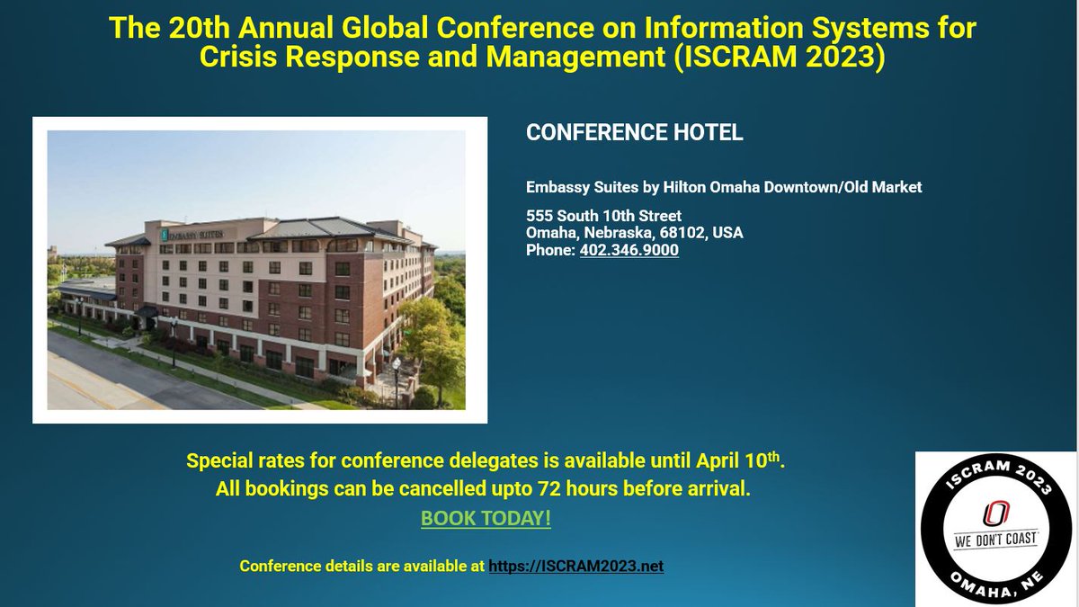 #iscram2023
Wondering where to stay!!!!!

Special rates are now available for conference delegates until April 10th. All booking can be cancelled upto 72 hours before arrival.
For more details on booking and reservations, please click the link: bit.ly/3FHNMH3