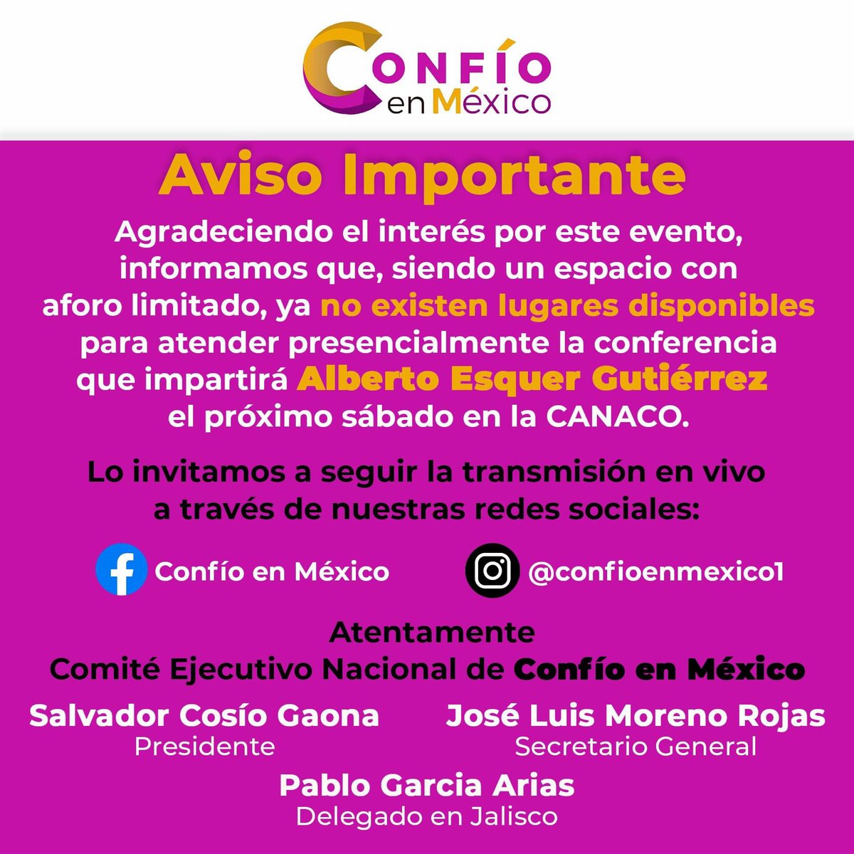 ConfioEnMex's tweet photo. #aviso 
#conferencia 
#lleno 
#esquer 
#rumboal2024 
#confíoenméxico 
#canco 

@AlbertoEsquerG 
@salvadorcosio1 
@ConfioEnMex 
@CamaradeCom_GDL https://t.co/sm7SMA9efQ