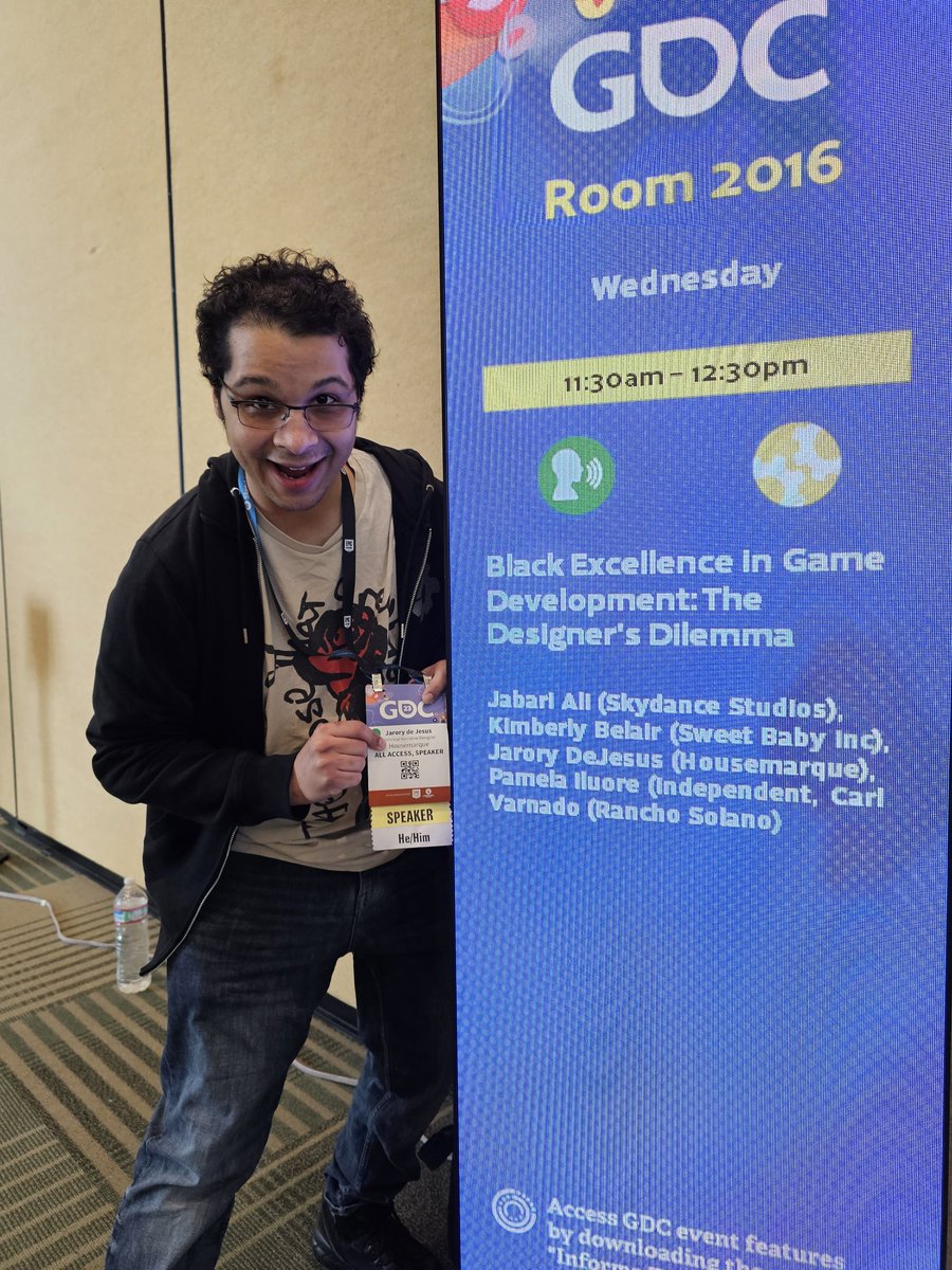 Jrawry's tweet photo. 6 years of making game and my first year speaking. I've worked on star wars, marvel, and now [redacted]. I'm just a black and Puerto Rican kid from the projects in the south Bronx. It's kinda surreal.

#WhatAGameDevLooksLike https://t.co/ReGgokp6Jl