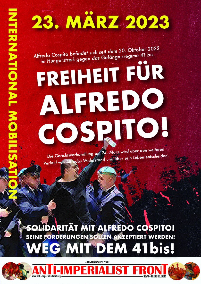 Join the actions, find ITALIAN Embassy near to you to demand freedom for Alfredo and put pressure on Italian state to accept his demand to end the 41 bis torture. 

#AlfredoCospito 
#FuoriAlfredoDal41bis
