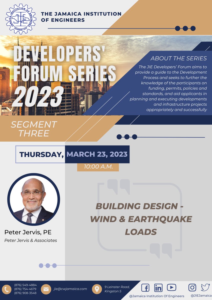 JIEjamaica's tweet image. Join us tomorrow at 10am for Segment 3 of our Developers' Forum Series!
Tomorrow's topic will be:
"Building Design- Wind & Earthquake Loads" with Engr. Peter Jervis
Register now! 
us02web.zoom.us/webinar/regist…
#jiejamaica #developersforum #buildingdesign #structualengineering