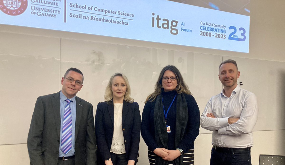 Galway_Innovate's tweet photo. Great to see both academic &amp; industry represented at @itagTech and @galwaycs AI forum: 
“ChatGPT opportunity or Threat?” Fantastic insights from panelists and speakers @michaelgmadden @FionaVeazey @_NatResende @macdab James McDermott &amp; Gerry Carty #AI #ChatGPT #itsboth https://t.co/3k7tW42YuP