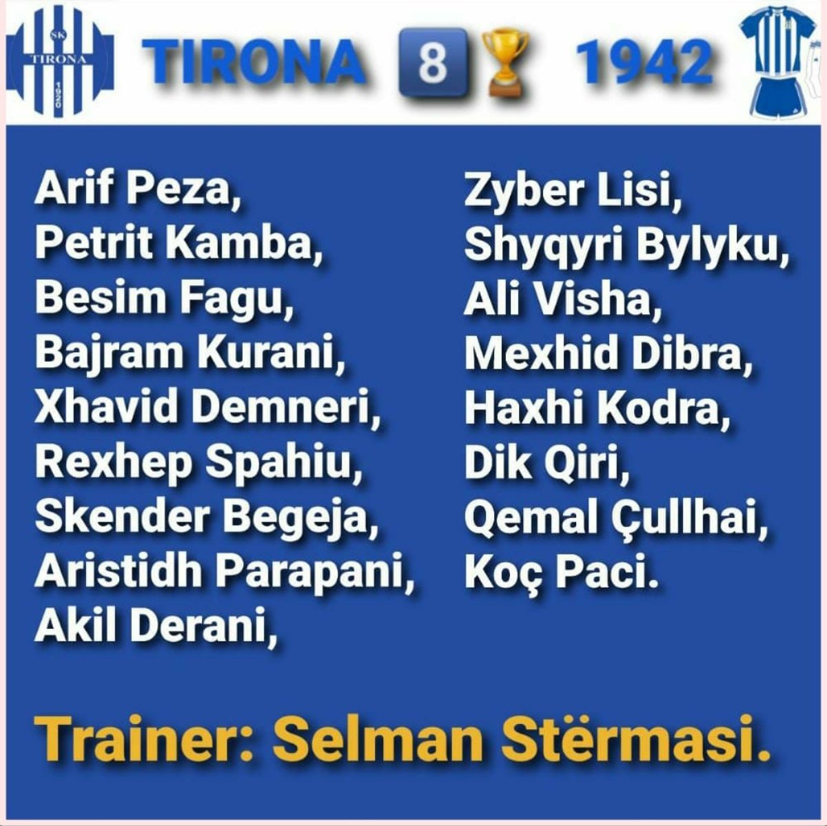 Bardheblu29's tweet photo. #ForcaTirona #Tirona
#NEJEMITIRONA #Tirana
Kampione SK.TIRANA 8️⃣🏆
Kampionati i 10° 🇦🇱 1942 është
i vetmi kampionat me pjesëmarrjen
e Prizrenit,Pejës dhe Prishtinës
Renditja e ekipeve dhe formacioni
i skuadrës Kampione të Shqipërisë
drejtuar nga traineri Selman Stërmasi. https://t.co/yMkRh2esPI