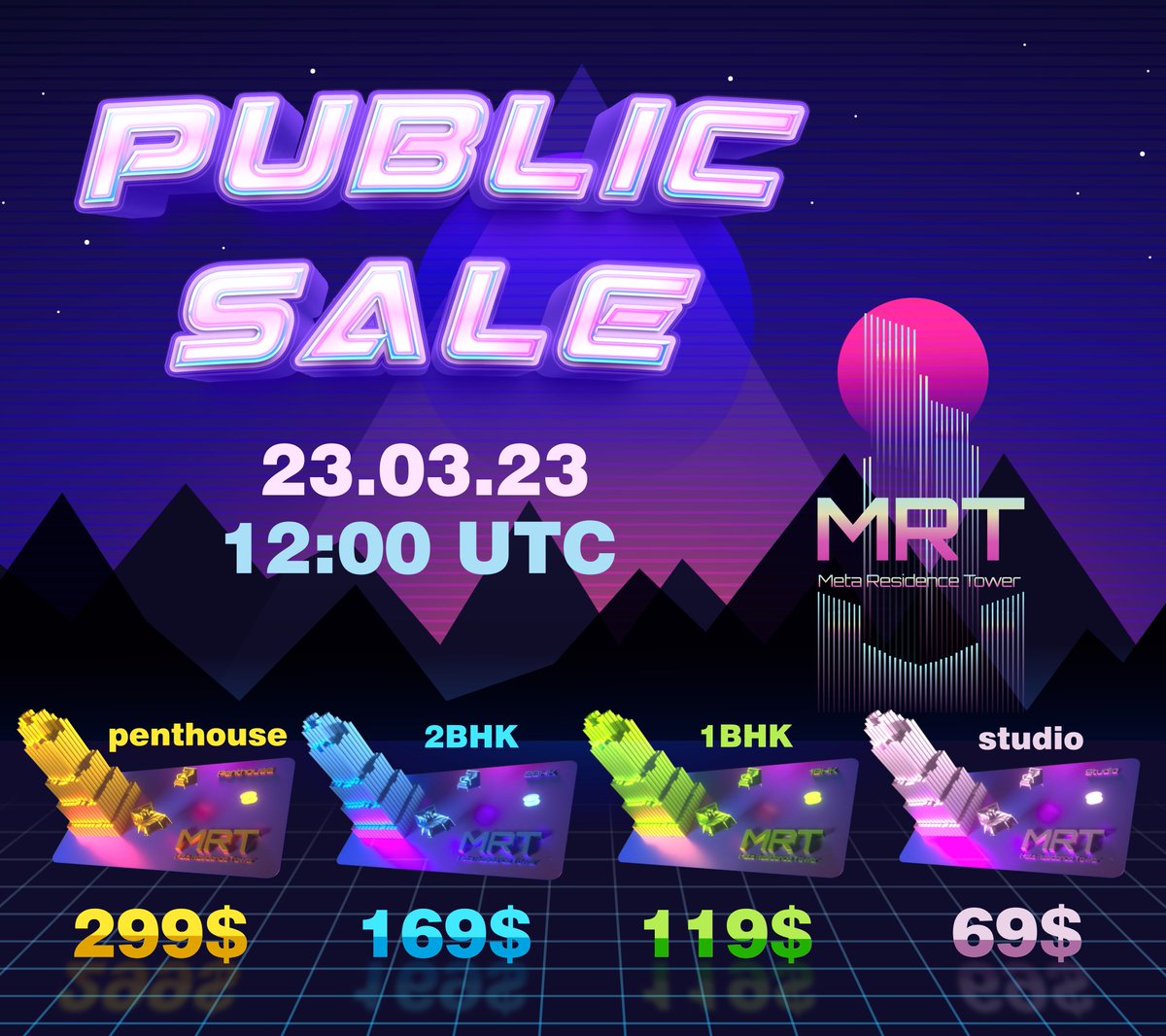 🔹Here are the long-awaited apartment prices!
🔸Sales start Tomorrow 23.03.23 12:00 UTC
💳Purchase apartments using MANA and USDT on the Polygon network right in the Tower or on the website.
✨Every needed information will be announced
🏙️See you in the Meta Residence Tower