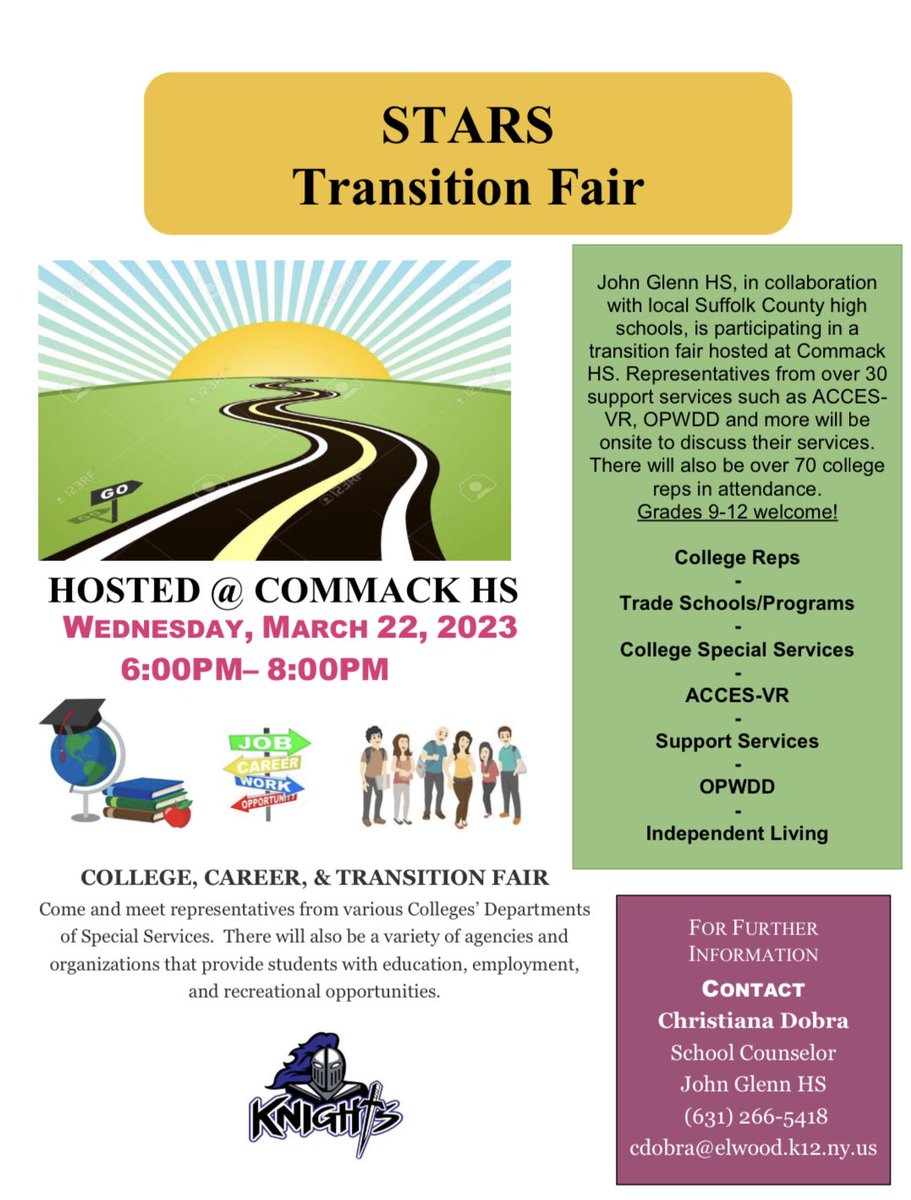 Transition Fair tonight at Commack HS - 6-8pm - resources for students pursuing a wide variety of post-secondary pathways. We hope to see our Elwood families there! <a href="/MsDobra_JGHS/">Ms.Dobra_JGHS</a> <a href="/MrMac_JGHS/">Corey McNamara</a> @Elwood_Super