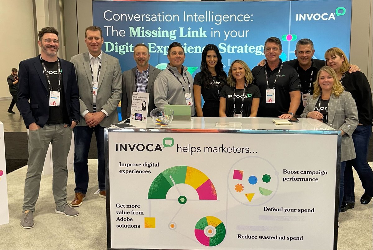 Invoca's tweet photo. At #AdobeSummit2023? The @Invoca team is ready to meet you! 

Stop by booth #1228 to learn how our AI-powered conversation intelligence platform can help you drive more revenue and improve customer experiences.

#AdobeSummit #Invoca https://t.co/2101YVWlaK