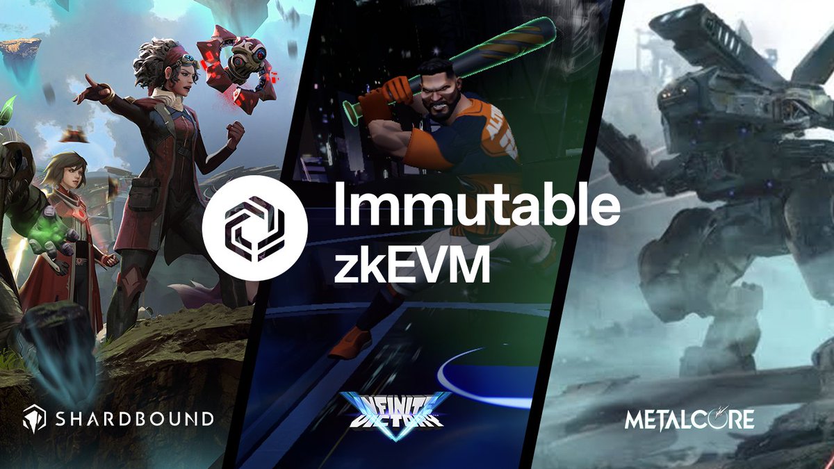 Immutable's tweet photo. Introducing the first set of Immutable Games committed to building on Immutable zkEVM:

✅ @shardbound_game
✅ Infinite Victory
✅ @playmetalcore

The home of web3 gaming is here and we will onboard the next billion users into web3 https://t.co/euawKXjjKn